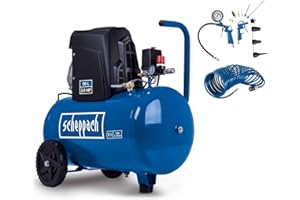 Scheppach Kompressor HC63 Druckluftkompressor ölgeschmiert mit 14 tlg. Zubehör | 50L Kessel | 10bar Arbeitsdruck | 1500W | 220L/min Ansaugleistung | Fahrvorrichtung, Schnellkupplung & Transportgriff