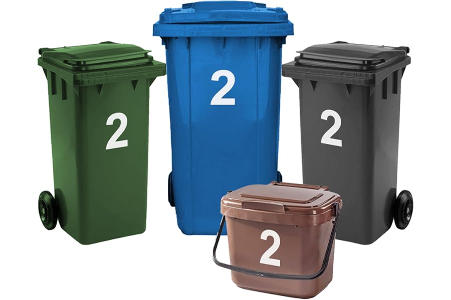 Rubigo 4 x Bin Numbers for Wheelie Bins, 0-99, Letters A-D, 17.5cm Dustbin Stickers, Easy Application Stick On Number Stickers - Weatherproof Self Adhesive Vinyl (2)