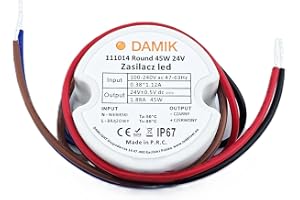 Strömadapter LED Damik 24 V 45 W 1,9 A rund IP67 Ø50 mm | Ultratunn 23 mm, för installationslåda, 100–240 V AC ingång, LED-ba