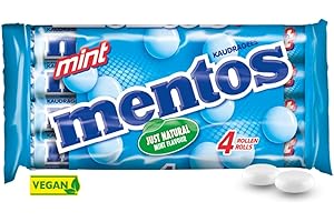 ‎MENTOS Mentos Kaubonbons Mint, Dragees mit Pfefferminz-Geschmack für frischen Atem, Multipack, Bonbon Vorrats-Packung, Verkaufsdisplay (4 Rollen), vegan