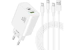 ‎MATAUMAHI MatauMahi Ładowarka USB C 30W z 2x Kable Typu C 2m, 2-Portowy Zasilacz i Kable, Szybka Ładowarka z PD3.0/QC3+, Wtyczka USB C Kompatybilny z Samsung S24/S23, Xiaomi, Google Pixel 8/7/6, iPhone 15, iPad