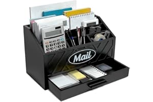 Niciksty Escritorio de Madera Organizador de Correo con 6 Compartimentos y Cajón, Archivador Portapapeles Escritorio de Madera PortaCartas Organizador para el Hogar Oficina, Negro