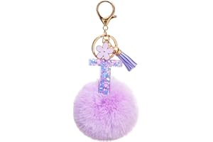 Vorysum Llavero Púrpura con Letra Llavero Inicial Regalo Niña Mujer Bola de pelo Llavero Decorar para Bolso Mochila Borla Llavero Oro Mujer Llavero A-Z