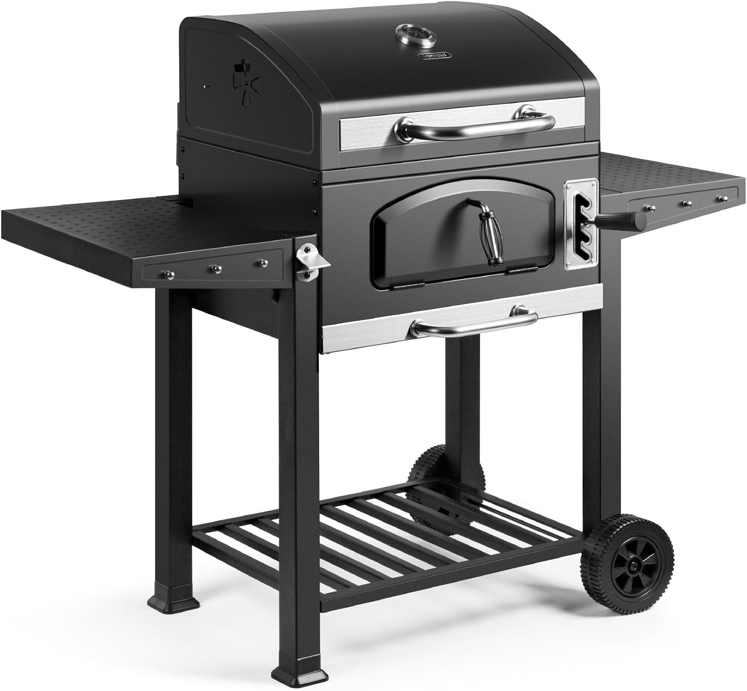 VonHaus Charcoal BBQ – XL Portable Barbecue with Warming Rack, Fold Down Shelves, Temperature Gauge, Wheels, Cooking Grill, Air Vents – 2 in 1 Barbeque and Smoker – Grill Meat, Fish & Vegetables