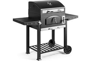 VonHaus Charcoal BBQ – XL Portable Barbecue with Warming Rack, Fold Down Shelves, Temperature Gauge, Wheels, Cooking Grill, Air Vents – 2 in 1 Barbeque and Smoker – Grill Meat, Fish & Vegetables