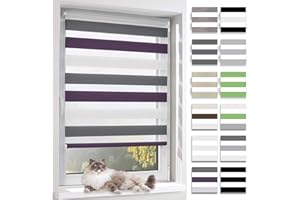 BelleMax Store Enrouleur Jour Nuit, Tissu Double, Rideau sans Perçage, Translucide Occultant et Protection Vie privée,pour Fenêtre et Porte,Blanc-Anthracite-Aubergine,40l x 150L cm