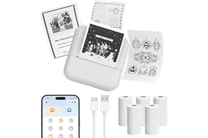 OFFCUP Mini Printer, Sticker Printer with 6 Rolls Thermal Paper, Portable Pocket Thermal Printers, Bluetooth Wireless Inkless Photo Printers Built-in 1500mAh Battery for Android IOS (White)
