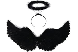 YEAHBOOM 60CM Engelsflügel Schwarz mit Heiligenschein,Federflügel Engel,Engels Flügel Kostüm für Damen und Mädchen,Party Fasching Kostüme Deko,Kostümparty Verkleidung