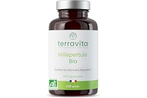 Millepertuis BIO | 120 Gélules de 350 mg | 100% Sommités Fleuries riches en Hypericine | Sommeil Réparateur - Bonne Humeur - Anti-Stress | 100% Vegan Sans Excipients | Made in France | Terravita