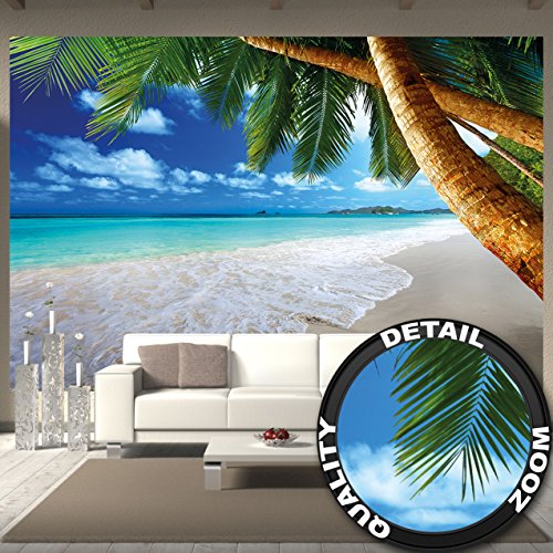 Fototapete Palmenstrand Wandbild Dekoration Karibik Traumstrand Bucht Paradies Natur Insel Palmen Tropen blauer Himmel Sommer | Foto-Tapete Wandtapete Fotoposter Wanddeko by GREAT ART (336 x 238 cm)