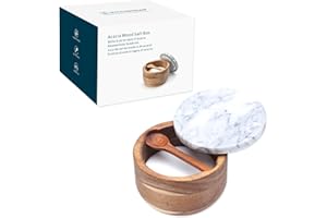 KITCHENDAO Large Acacia Salt Cellar Box Bowl with Built-in Spoon and Marble Lid, Natural Acacia Wood Bath Sea Salt Container, Pepper Sealer Pinch Bowl, 10oz Capacity