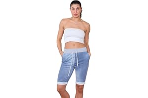 Faozo® Women's Italian Printed Shorts - Ladies Summer Cotton Turn-Up 3/4 Cropped Trousers Elasticated Denim Magic Short Pant Plus Size 10-20