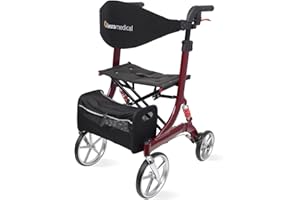 ‎BESCOMEDICAL Leichtgewicht-Rollator Spring - Gehhilfe mit Komfort-Federung - höhenverstellbar & faltbar - inklusive Netztasche & Rückengurt - bequeme Sitzfläche - zusammenklappbar - Modell M Bordeauxrot