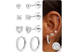 FIOROYAL 4 par sterling silver stiftörhängen set platt baksida örhängen ringörhänge för kvinnor flickor 925 silver allergivänliga läckra boll hjärta blomma dubbar glänsande kubisk zirkonia ring