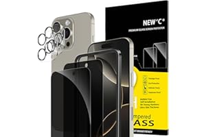 NEW'C 2 x Prywatność Ochraniacz Ekranu dla iPhone 16 Pro (6,3 cala) i 2 x Osłona ekranu aparatu - Odporne na zarysowania - Ulepszony Kąt Prywatności 28 Stopni - Zawiera narzędzie ułatwiające montaż