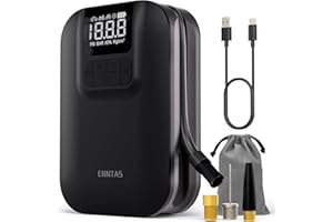Enntas Tyre Inflator Cordless Car Tyre Pump Rechargeable, Fast Inflation & Auto-Off, Led Light and Accurate Pressure Readings with Digital Gauge for Cars, Motorcycles, Balls, All Bikes