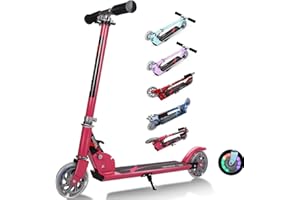 GYMAX Monopattino a Spinta per Bambini 4-13 Anni, 2 PU Ruote Luminose, Regolabile a 3 Altezze 63-85 cm, Manubrio Pieghevole, Scooter in Alluminio, Carico di 70 kg, Ideale Regalo