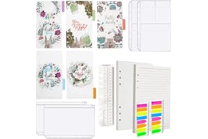 SRunDe 90PCS Confezioni di Carta di Ricambio A5 + 5PCS Divisori per Raccoglitori Colorati + 4PCS Tasche per Buste Raccoglitori + 320PCS Adesivi Colorati Indice Bandiere con Righello + 20CM Righello