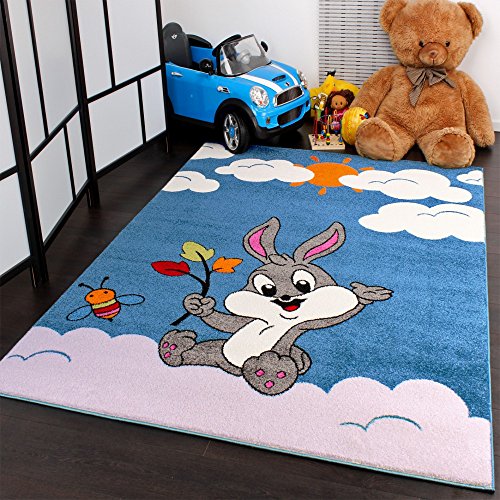 Kids’ Rug - Playful Rabbit - Turquoise Cream, Size:120x170 cm