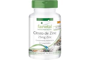 Fairvital | Zinc 25mg - Citrato de Zinc de alta biodisponibilidad - VEGANO - Dosis elevada - 60 Comprimidos - Calidad Alemana