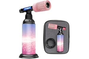 HOSECES Pink Butane Torch Lighter with Anti-burn Stainless Steel Protective Cover,Refillable Kitchen Gas Butane Blow Torch,Adjustable Flame Guard with Case(Gas Not Included) (Pink-Stainless Steel)
