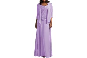 HUINI Brautmutter Kleider mit Jacke Langarm Chiffon Abendkleider Lang Lace Hochzeitskleid Festkleider