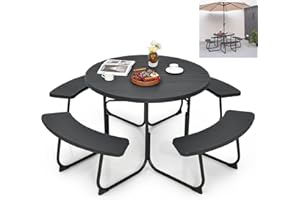 TANGZON 8 Seater Picnic Table and Bench, Round/Square Camping Table with Built-in Benches & 48mm Umbrella Hole, Outdoor Dining Table and Benches Set for Garden Patio Yard Pub (Round, Black)