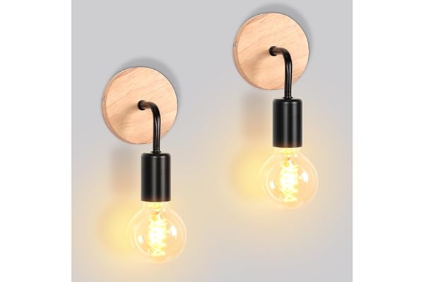 iDEGU Lot de 2 Appliques Murale Interieur Lampes Murale en Métal et Bois E27 Éclairage Mural pour Chambre, Salle de Bains (Support Bois - Noir)