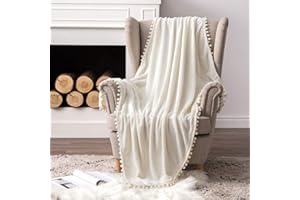 MIULEE Coperta Pile Singolo per Divano in Flanella con Pom Morbida Calda Decorativa Casa e Letto Moderna Ufficio Coperta Matrimoniale Tinta Unita by 125X150 CM Bianco Crema 1 Pezzo