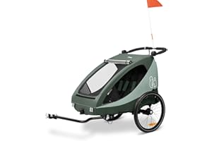 hauck Fahrradanhänger & Kinderwagen Dryk Duo Plus mit Federung, für 2 Kinder (6-48 Monate), inkl. Deichsel, Buggyrad, Fahne und LED Licht, Faltbar, Höhenverstellbar, XL Kofferaum (Dark Green)