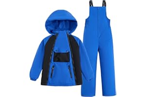 JiAmy Combinaison de neige 2 pièces pour enfants avec veste matelassée à capuche et pantalon à bretelles – Tenue ultra légère pour garçon et fille