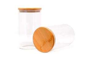 LG Luxury & Grace Pack 2 Botes de Cristal, 1,15 L (17,5x10 cm). Tarros de Cocina con Tapa de Bambú. Envases Herméticos para Alimentos con Anilla de Silicona. Incluyen Etiquetas y Rotuladores.