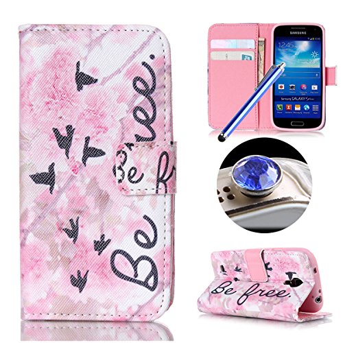 Etche Book Case for Samsung Galaxy S4 Mini,Leather Case for Samsung Galaxy S4 Mini,Wallet Case for Samsung Galaxy S4 Mini,Pretty Bird Be Free Design Floral Folding Magnetic Pu Leather Flip Case with Stand for Samsung Galaxy S4 Mini with Blue Stylus Pen and Bling Glitter Diamond Dust Plug Colors Random-Bird