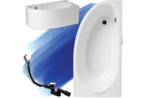 POLIMAT BADLAND Badewanne Original Weiß Acryl Wanne Eckbadewanne MIKI 140x70 Rechts KOMPLETTSET SET mit Weiß Acrylschürze + Füßen und Exklusive Chrom Automatik Ablaufgarnitur Made in EU 4in1