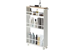 ‎YAMAZAKI Yamazaki 3627 TOWER Schmaler Rollwagen mit Griff, weiß, Stahl/Holz, minimalistisch, 13 x 47.5 x 80.5 cm