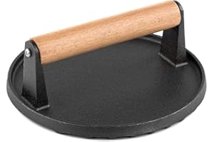 FengZeYing Burger Press Round 7 Inches Heavy Cast Iron Bacon Press with Solid Wood Handle for Kitchen & Commercial Gradee - Pre Seasoned Sandwich & Grill Press - Quesadillas, Hamburgers & Steaks