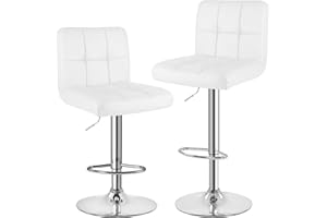 bigzzia Taburete de Bar Juego de 2, Taburetes Altos de Cocina, Cuero Sintético Silla de Bar Regulable en Altura con Respaldo y Reposapiés, Giratorio en 360°, para Cocina, Mostrador, Bar, Blanco