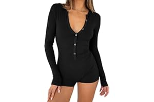 LACOZY Long Sleeve V Neck Rompers for Women Sexy Y2k One Piece Shorts Jumpsuit Bodycon Pajama Set Gym Bodysuit