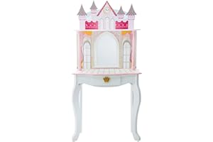 Teamson Kids Dreamland Princess Play Vanity Set with Mirror, Shelf, Storage Drawer, Stool, and Accessories for 12" Dolls, White and Pink