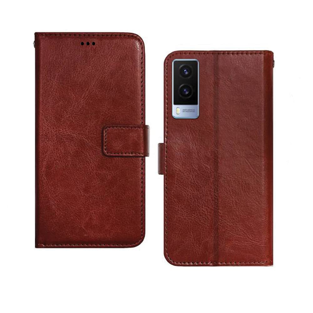 Etechnic Vivo V21E 5G Flip Case | Premium Leather Finish Flip Cover | with Card Pockets | Wallet Stand |Complete Protection Flip Cover for Vivo V21E 5G - Brown