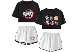 Yumenam Mujeres Niñas Demon Slayer Camiseta Cortos y Pantalones Cortos 2 Piezas Chándales Kimetsu no Yaiba Crop Top + Pantalones Cortos Conjuntos de Pijamas Ropa Deportiva Informal de Verano