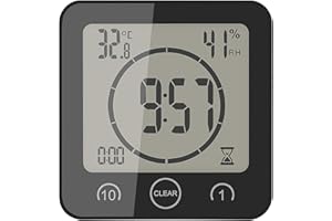 Wowlela Shower Clock Dusche Uhr Wasserdicht, Badezimmer Uhr Digital mit Saugnapf LCD Display Luftfeuchtigkeit Temperatur Wanduhren, Countdown Timer