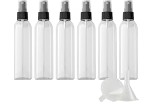 ZEOABSY 6 Pack 150ml Flacone Spray in Plastica Trasparente Con Spruzzatore Nero, 150 ml Bottiglie Vuote Riutilizzabile da Viaggio Casa Contenitori per Profumo Pulizia della Casa + 1 x imbuto