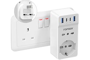 TOPREK Adattatore Presa Inglese con 4 USB(USB-C1 20W PD3.0), Adattatore Spina Inglese Italiana con 1 Schuko e 1 Prese ITA, Adattatore UK per Gran Bretagna, Qatar, Irlanda, Gambia ecc, 3250W/13A,Tipo G