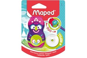 Maped - Material Escolar - DUO Sacapuntas + Goma Loopy Totem - Sacapuntas con Goma - Compartimento para las Virutas - Goma de Recambio - 3 Diseños con Caras