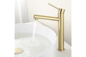 Tondiy Rubinetto Lavabo Alto Oro, Angolo di Uscita Dell'acqua Umanizzato, Miscelatore Monocomando da Appoggio per Bagno, Acciaio Inox 304, Acqua Calda e Fredda, Aeratore Rimovibile