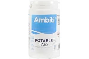 AMBITI Tabletas Potabilizadoras para Depósitos de Agua de Autocaravana Camping Barco Purificador de Agua Efervescente de fácil uso y en Poco Tiempo Listo sin Olor ni Sabor 50 Pastillas Desinfectantes