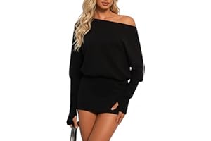 Coloquin Womens Long Sleeve Off Shoulder Mini Dress Y2k Batwing Bodycon Dress Party Going Out Dresses