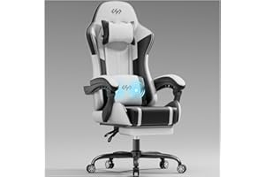 HLFURNIEU Silla Gaming con Masajeador, Silla Gamer Ergonómica con Cojín Lumbar Masajeador y Reposapiés, Sillón Gamer Altura Ajustable, Cadeira Gaming Negro y Blanco