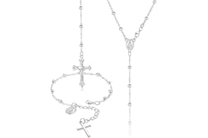 Finrezio 2 Stück Rosenkranz Halskette Armband Schmuck-Set Für Frauen Mädchen Jungfrau Maria Medaille Kreuz Kruzifix Anhänger Charm Gliederkette Armband Y Halskette Gold/Silber